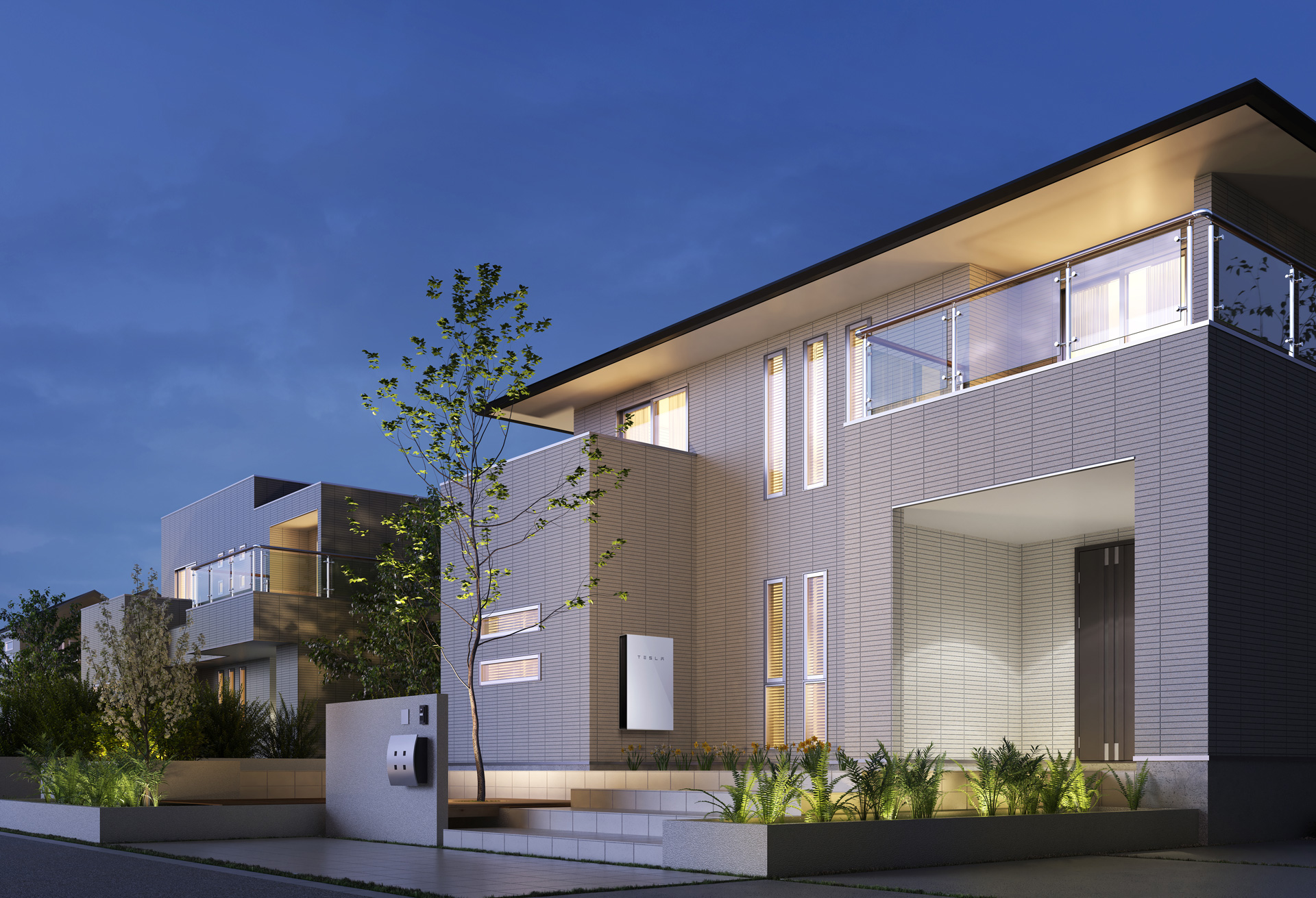 美しいデザインのソーラーパネルが設置されたスマートハウス外観